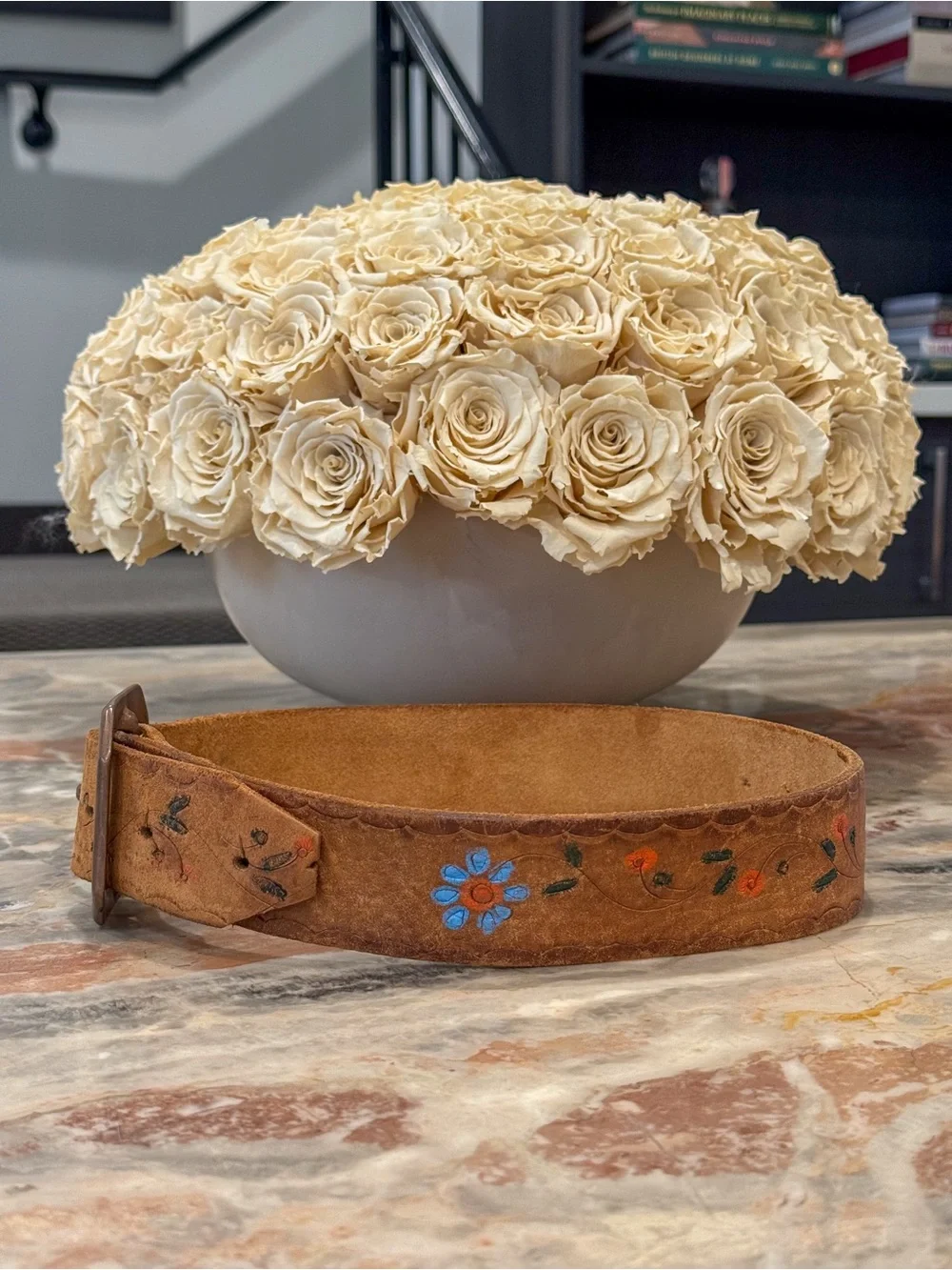 Vintage 1970s Hand Painted Tooled Leather Floral Belt XS Boho Hippie Western